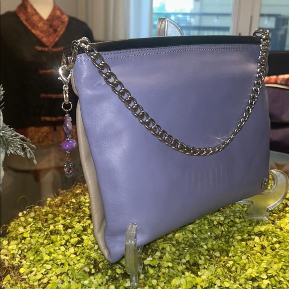 Halston Heritage Purple & Tan Clutch with Silver Chain & Logo 10.5”x 8.5” New - Picture 3 of 10